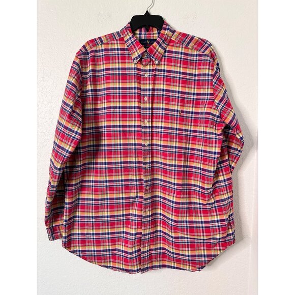 Ralph Lauren Mens Red Multicolor Plaid Button-Down Shirt Classic Fit 100% Cotton - Picture 1 of 9